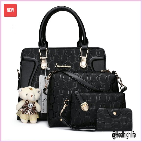 Handbags - 4-Piece Tote Set, Synthetic Leather, Adjustable Strap, Large Capacity